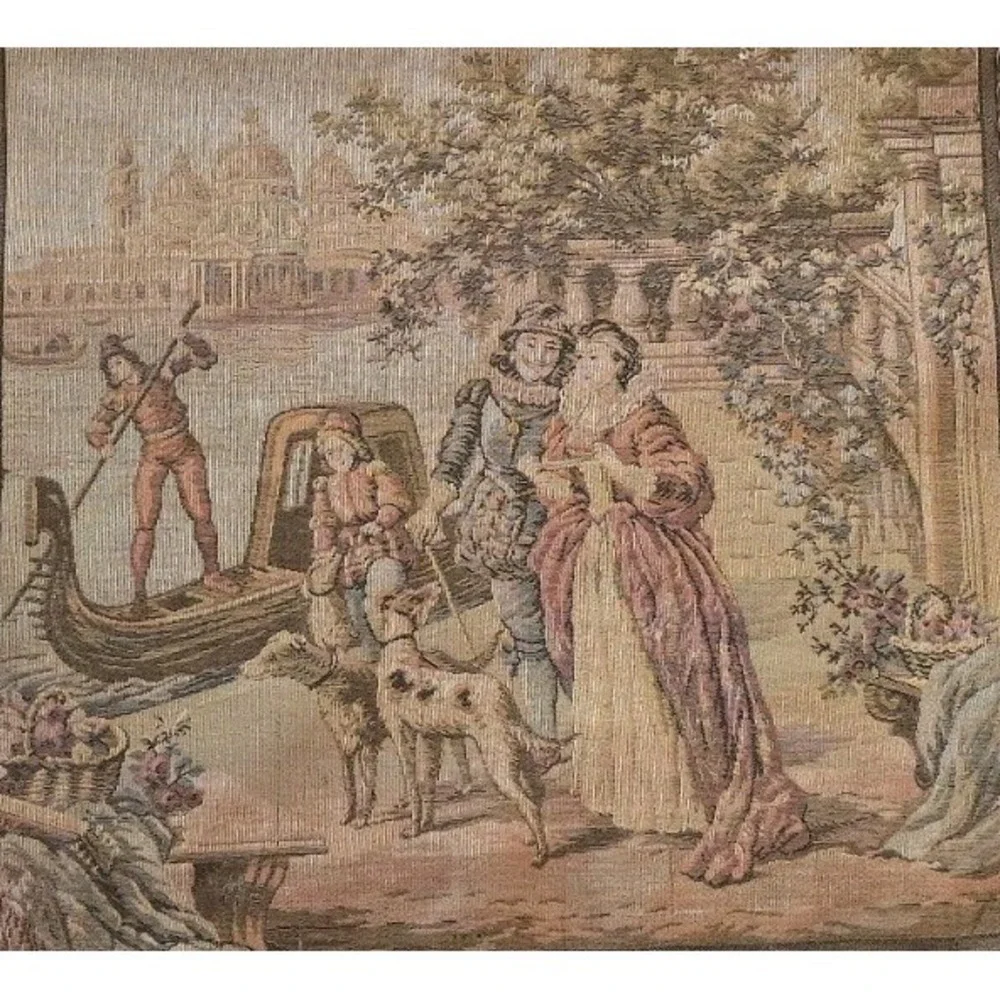 VTG Tapestry Wall Romantic Scene Dogs Tassels Cottagecore Ready 2 Hang SZ 20x20